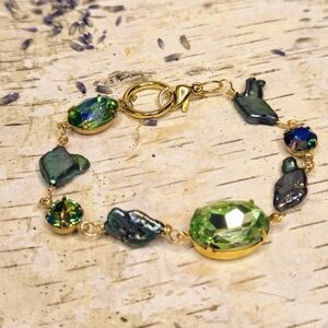 Swarovski Crystal Peridot Green & Genuine Peacock Green Bracelet In Gold Plated
